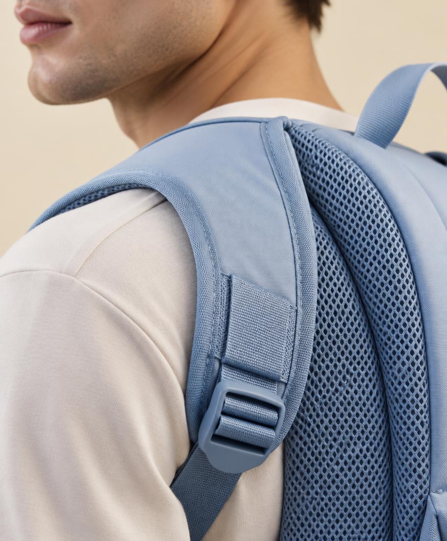 Close shot of the padded shoulder strap and mesh back panel